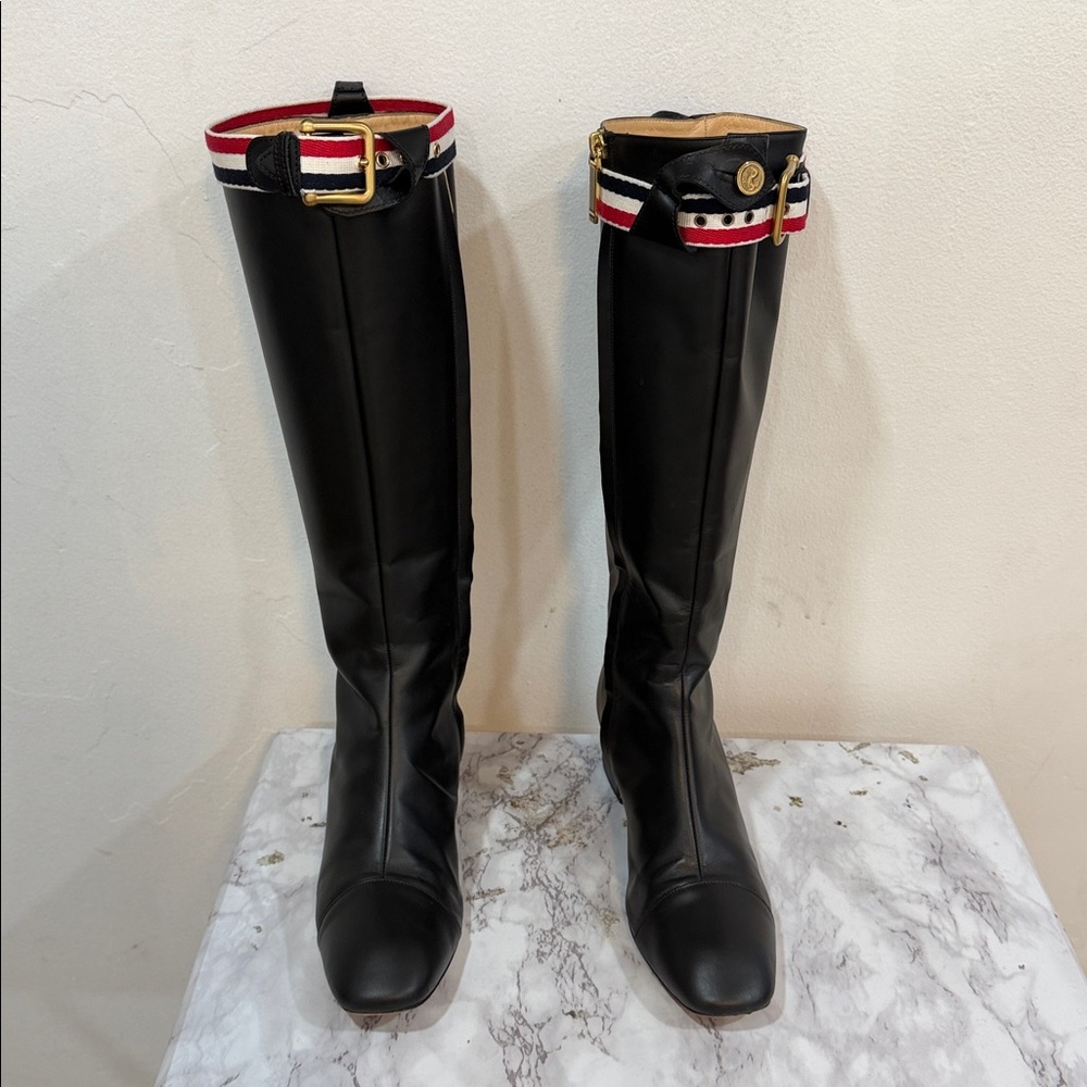 Thom Browne Black Leather Boots with Red and White Accents